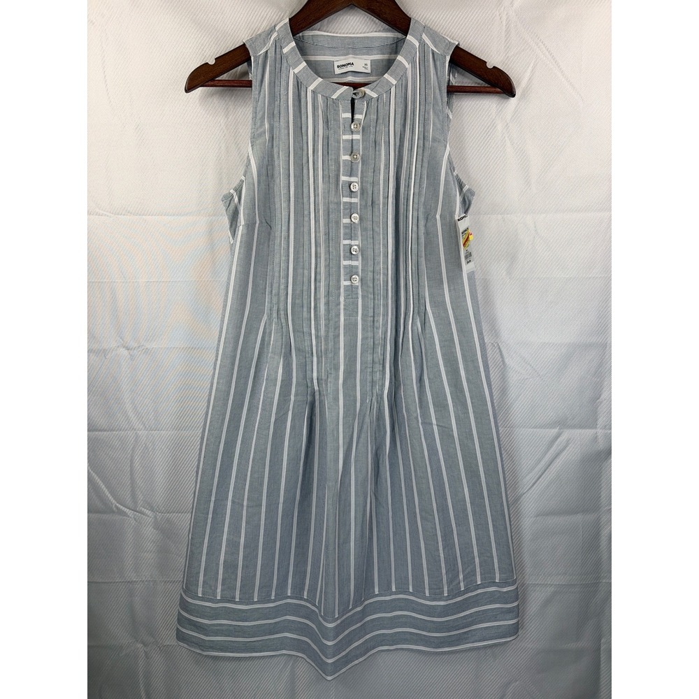 100% Cotton Blue White Striped Sleeveless Pockets Midi Dress XS NWT